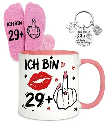 Immagine prodotto di Set regalo per il 30° compleanno di una donna: tazza da 350 ml, calzini, portachiavi con la scritta "29+1"