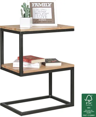 A modern side table with a wooden top and black metal frame, decorated with a framed picture and a small potted plant.