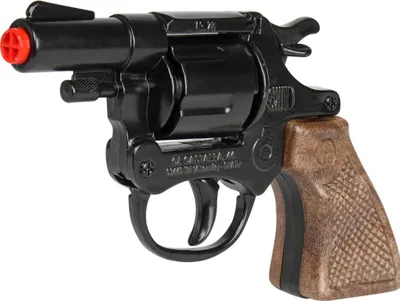 Schwarzer Spielzeug-Revolver mit braunem Griff, seitliche Ansicht.