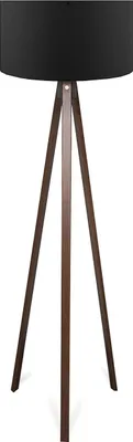 A floor lamp with a black shade and a wooden tripod base.