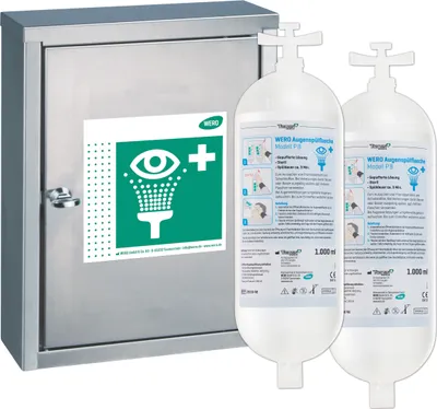 Produktbild von WERO Augenspülstation V4A, gefüllt mit 2 WERO Augenspülflaschen P8 1000 ml