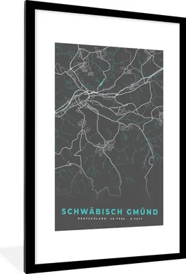 Produktbild von MuchoWow® Gerahmtes Poster Schwäbisch Gmünd - Stadtplan - Blau - Karte - Deutschland 60x90 cm - Poster mit Schwarzem Bilderrahmen Wandposter Rahmen Foto Bilder - Dekoration - Wandposter Wohnzimmer - Hochwertig