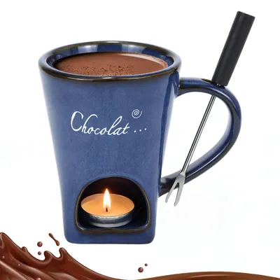 Produktbild von Schokofondue-Tasse - 130 ml Fassungsvermögen mit Gabel - Keramik-Set für Schokolade Käse Butter und Karamell