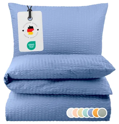 Produktbild von Seersucker Bettwäsche 155x220 Einfarbig Hellblau Uni blaue Bettwäsche Sommer Bettbezug 155 x 220 - Bügelfrei