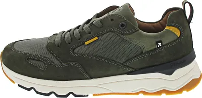 A side view of a green sneaker.