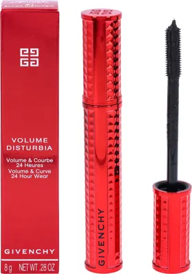 A red mascara tube and its packaging are displayed against a white background.
