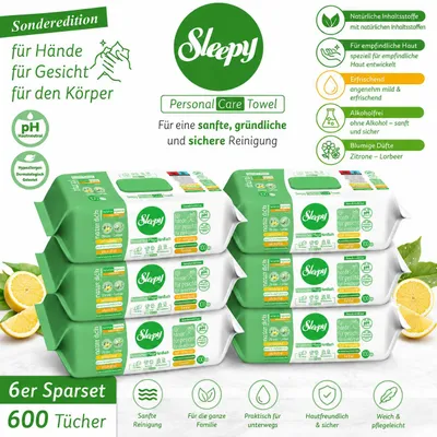 Produktbild von Sleepy Easy Clean Sensitive Feuchttücher Zitrone - Lorbeer 6x100 Tücher – für Babys, Kinder & Erwachsene – alkoholfrei, pH-hautneutral, hypoallergen, sanfte Reinigung für Hände, Gesicht & Körper