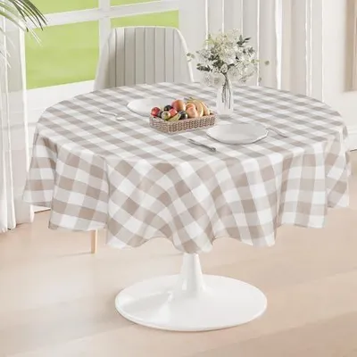Produktbild von DWCN Karierte Tischdecke Rund 180cm Outdoor Abwaschbar Wetterfest Fleckschutz Wasserdicht Tischdecke für Draußen Picknick Esszimmer Garten Party Hochzeiten, Khaki und Weiß
