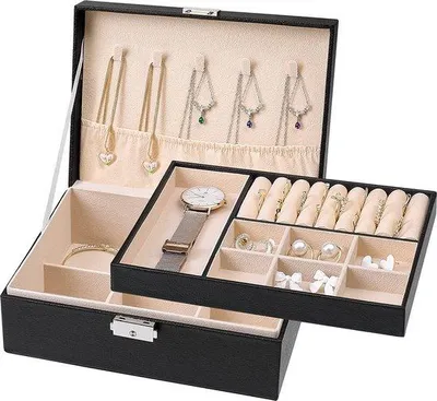 Imagen del producto de Caja de joyería Unyqoos® de 2 niveles, con cierre, de cuero sintético (PU) , con forro de terciopelo, MDF, separador extraíble, ganchos para collares y compartimentos para anillos/relojes