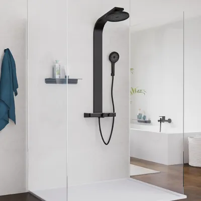 Produktbild von SCHÜTTE Duschpaneel SAMOA RAIN, Regendusche mit Thermostat und Glasablage, Handbrause mit 3 Funktionen, Duschbrause Schwarz matt