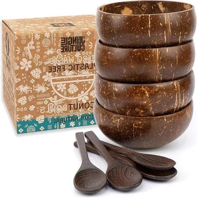 Produktbild von Ramen-Schalen, Kokosnussschalen und Löffel, 4er-Set – Servierschalen für Müsli & Salat – Açai-Smoothies, Pasta – Veganes & umweltfreundliches Geschenk