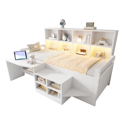 Produktbild von Merax Kinderbett 90x200cm mit Schreibtisch und Stauraum, Einzelbett mit LED-Lichtleiste und USB Steckdosen, Jugendbett Einzelbett aus Massivholz, Weiß