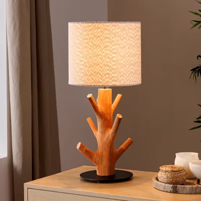 Produktbild von riess-ambiente Massive Tischlampe JEWELRY 60cm natur Mangostanholz weißer Stoffschirm