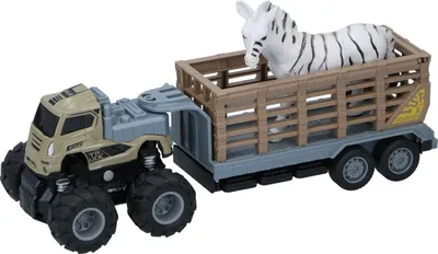Produktbild von 2 in 1-Spielzeug Tiertransporter mit Zebra, Zugmaschine mit Friktionsantrieb und Anhänger mit Gatter