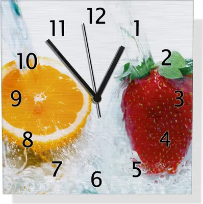 Produktbild von Wallario Design Wanduhr Frische Früchte übergossen mit Wasser I aus Aluverbund, Größe 30 x 30 cm