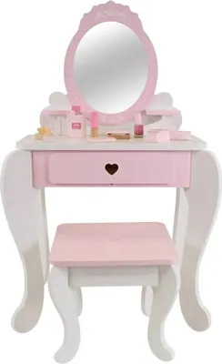 Produktbild von Bandits & Angels Kinderschminktisch Julia Weiß Rosa mit Spiegel für Mädchen ab 3 Jahren - Schminktisch aus Holz - Schminktisch inklusive Hocker - Für Kinder