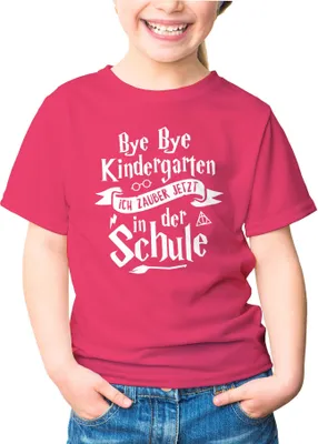 Produktbild von Kinder T-Shirt Mädchen Bye Bye Kindergarten ich zaubere jetzt in der Schule Geschenk zur Einschulung Schulanfang Moonworks® pink 110-116 (5-6 Jahre)