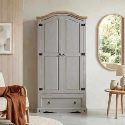Produktbild von Kleiderschrank RAMON Garderobenschrank Mexiko Möbel Kiefer massiv,grau/gebeizt,gewachst, 2 Türen und 1 Schublade