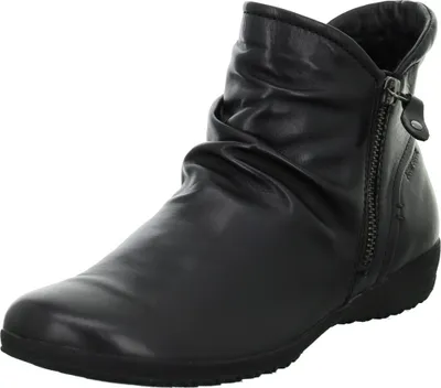 A black leather ankle boot with a side zipper and ruched detailing.