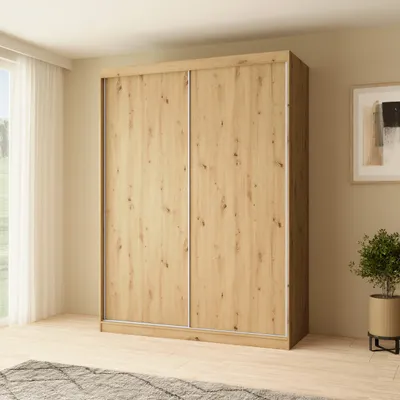Image de BEAUTYSOFA | Armoire MARIO 150 cm en chêne Artisan – Armoire moderne sans miroir, avec portes coulissantes, design minimaliste