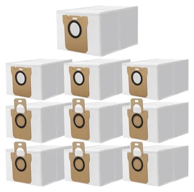 A collection of vacuum cleaner dust bags arranged in rows.