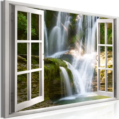 Produktbild von Modernes Wandbild Fensterblick 120x80 - 1 Teile Bilder Fotografie auf Vlies Leinwand Foto Bild Dekoration Wand Bilder Kunstdruck Wasserfall Landschaft Natur c-C-0377-b-a