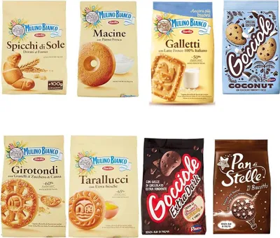 Produktbild von Pavesi Barilla Kekse Gocciole Dark Coconut Kekse + Mulino Bianco Pan di stelle Tarallucci Spicchi di sole Girotondi Galletti macine 350 g