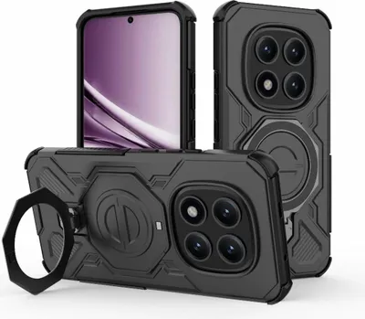 Three views of a black phone case with a ring holder and camera protection.