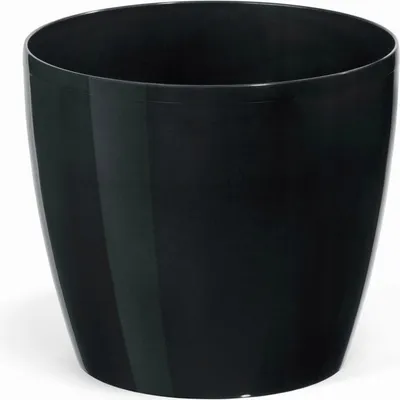 A black plastic plant pot on a white background.