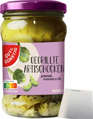 Produktbild von Gut & Günstig Gegrillte Artischocken geviertelt in Sonnenblumenöl mit mediterranen Kräutern und Knoblauch verfeinert (280g Glas) + usy Block