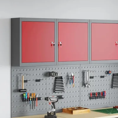 Produktbild von Werkzeugschrank aus Stahl und Holz 50 x 20 x 55 cm, robuster Hängeschrank für Werkstatt, Garagen Metallschrank mit Schwenkverschluss, Industrie Design
