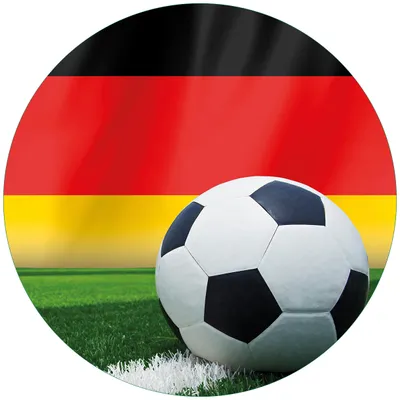 Produktbild von Wallario Premium Glasbild, freischwebende Optik, kräftige Farben, rund 50cm Durchmesser, Motiv Fußball vor einer Deutschlandflagge