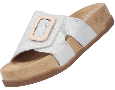Auf dem Bild ist ein flacher Schuh in Silber zu sehen der eine schlichte und elegante Form hat. Der Schuh wird von der Seite präsentiert und zeigt eine glatte Oberfläche sowie eine dezente Verzierung.
