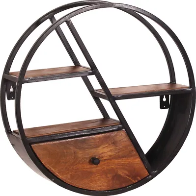 Produktbild von SIT Möbel Wandregal rund | 3 Ablageböden, 1 Schublade | Mango-Holz natur | Gestell Altmetall antikschwarz | B 50 x T 13 x H 50 cm | 09274-01 | Serie PANAMA