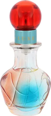 A perfume bottle with a red cap and a gradient of orange and blue on the glass.