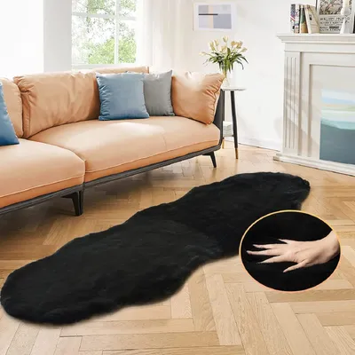 Image de Tapis en Fourrure artificielle, noir, 60x180 cm, lavable