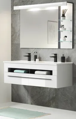Produktbild von Badmöbel Set "Design-D", weiß Hochglanz Badkombination mit Doppelwaschbecken und LED