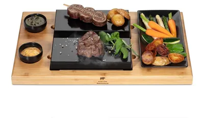 Produktbild von Lavasteinplatte Grillplatte Lavastein-Grillset - 20 x 10 x 3 cm - 8-teilig - Bambusbrett und Porzellan