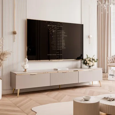 Image de TV-Lowboard SELIA 200 cm avec moulures et poignées dorées Meuble TV Salon cannelé Meuble média Cachemire