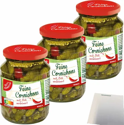 Produktbild von Gut & Günstig Cornichons mit Chili verfeinert kleine feine Gurkensortierung 3er Pack (3x190g ATG) + usy Block