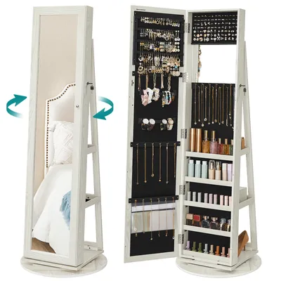A white jewelry cabinet with a full-length mirror on the left and storage compartments on the right, shown from a slightly angled perspective.