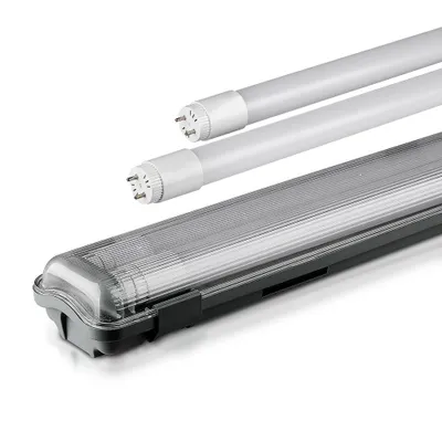 Two LED tubes and a waterproof light fixture are shown against a white background.