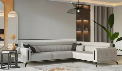 Immagine prodotto di Divano angolare  rivestito in tessuto, imbottito, a forma di L, colore grigio, ideale per il soggiorno