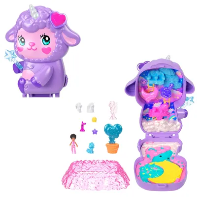 Produktbild von Polly Pocket Traumland-Schatulle in zauberhafter Lammform mit 1 Minipuppe und Haustier-Einhorn, Reisespielzeug mit Futter- und Stylingzubehör, Aktion/Abenteuer, 4 Jahr(e), Mehrfarbig, Kunststoff