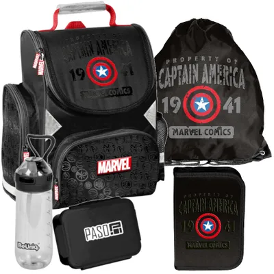 Produktbild von Schulrucksack Mädchen Jungen Motiv CAPTAIN AMERICA 5 T Set Rucksack, Federmäppchen, Schuhbeutel, Trinkflasche, Frühstückstasche Mega-Set Paso marvel