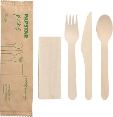 Produktbild von Bestecksets, Holz "pure" : Messer, Gabel, Löffel, Serviette in Papierbeutel