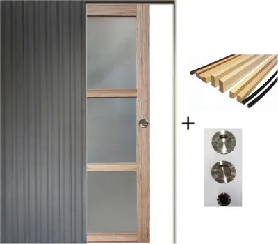 Image de Porte Coulissante bois Frake Vitree H204 x L83 + Systeme de Galandage et kit finition inclus (coquille et tire doigt)