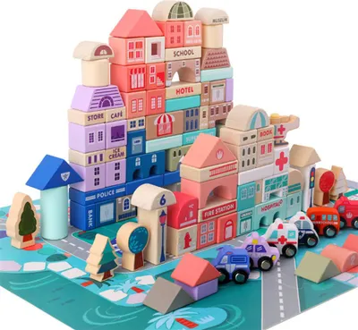 Produktbild von 115PCS Kinder Toy Macaron Wooden blockiert Bildungs 115 Stadtblöcke