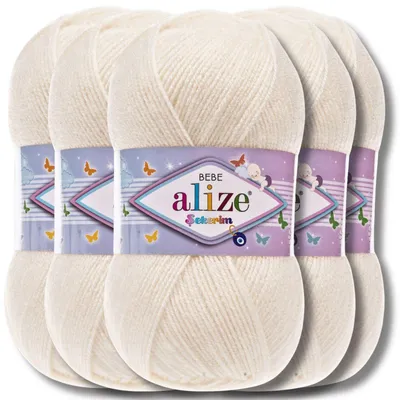 Produktbild von Alize 5x 100g Sekerim Bebe Wolle, Uni, Stricken, Häkeln (Light Cream - 62)