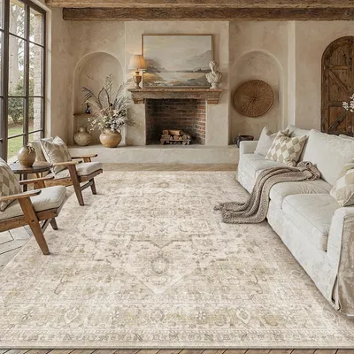 Immagine prodotto di Omgoods - Tappeto vintage color beige - Lavabile e antiscivolo, 200 x 300 cm